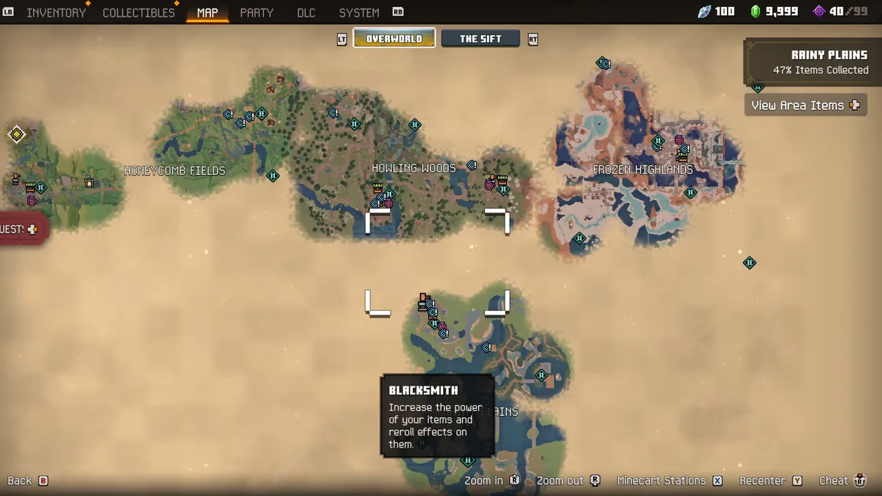 Minecraft Dungeons II 世界地图，显示区域、任务与已发现地点
