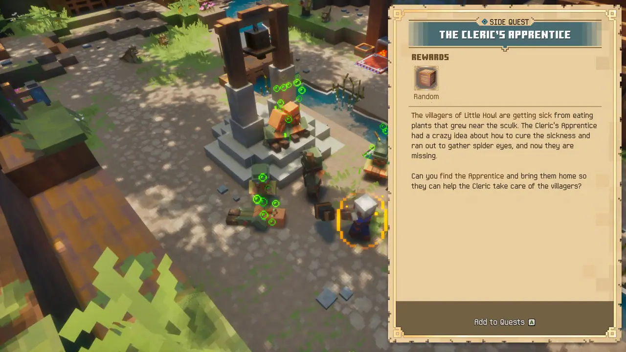 Minecraft Dungeons II 任务界面，显示牧师学徒任务