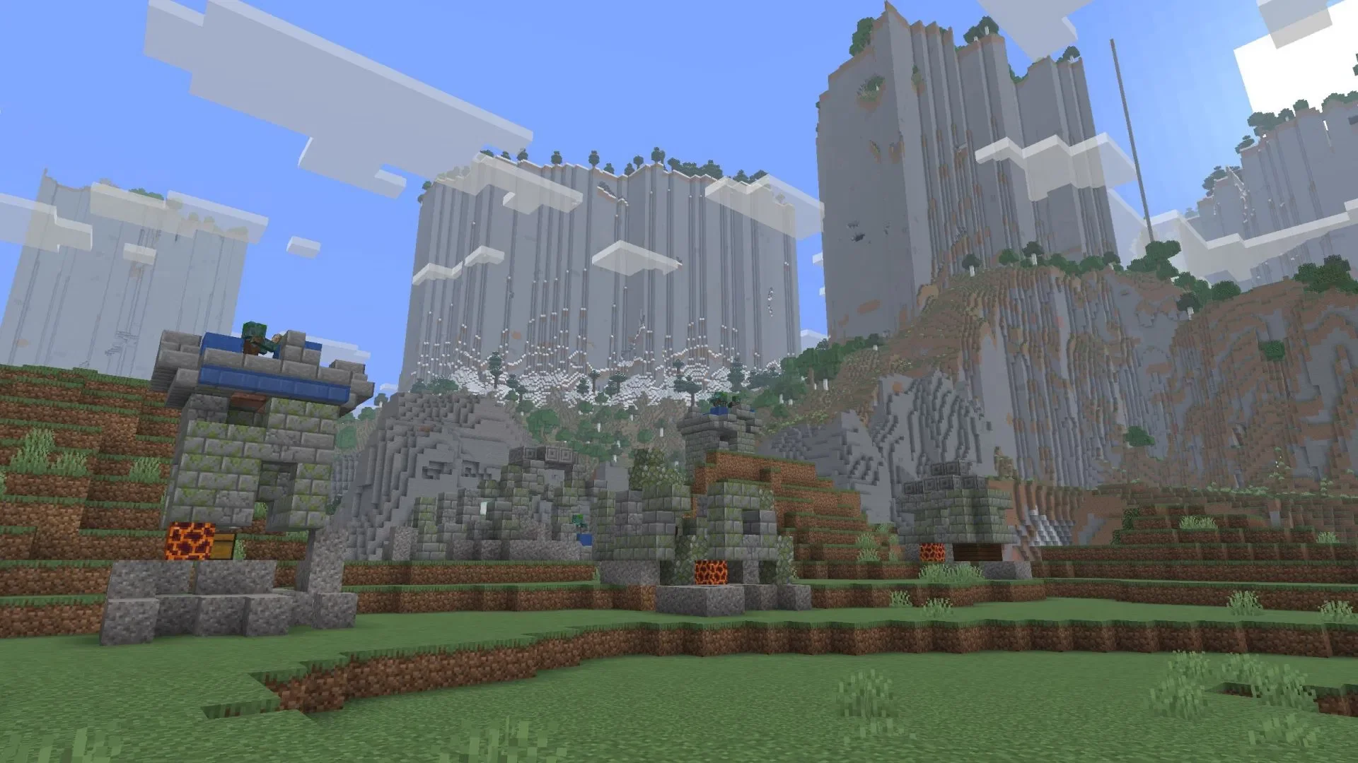 海洋废墟（Ocean Ruins）生成在内陆，旁边是高耸的区块塔（图片来源：Mojang Studios / Sportskeeda）