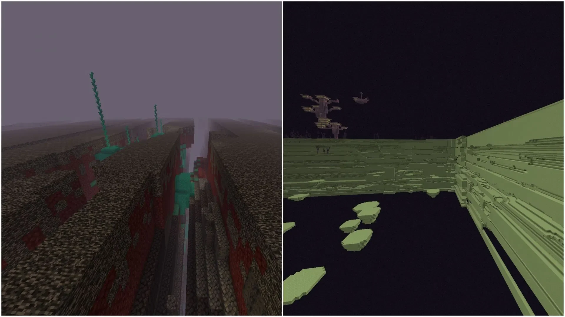 下界（Nether）与末地（End）的异常地形（图片来源：Mojang Studios / Sportskeeda）