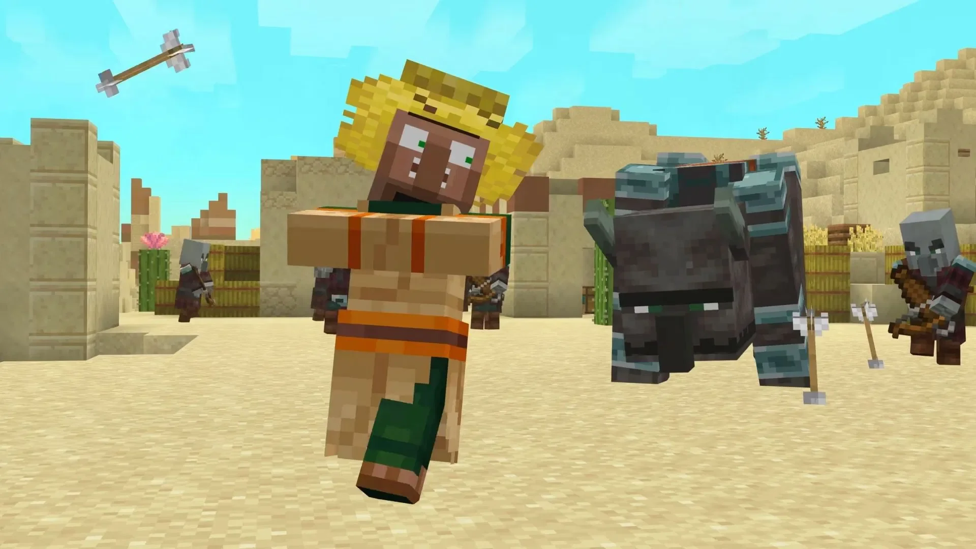 村民会对世界中的各种触发事件作出反应（图片来源：Mojang Studios、YouTube/@OrevilleStudios）