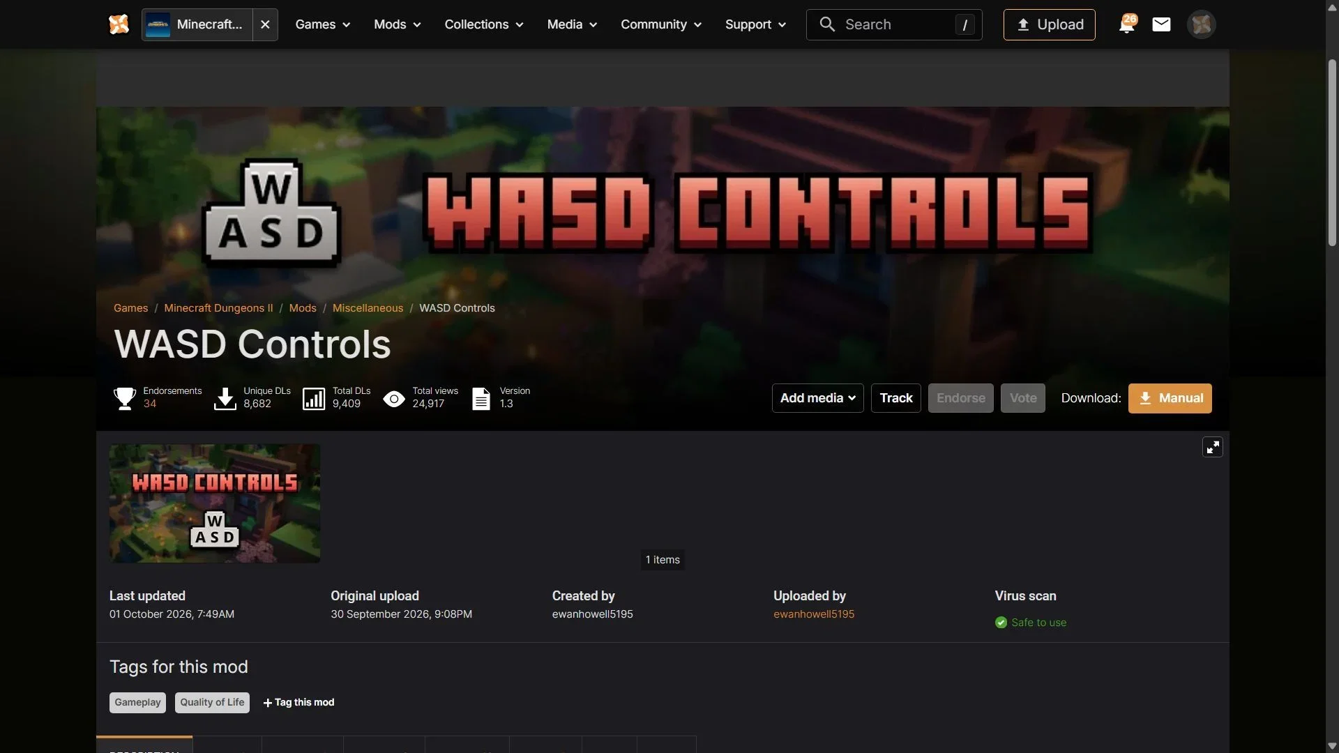 WASD Controls 模组在 Nexus Mods 页面上的展示(图片来源:Nexus Mods/@ewanhowell5195)