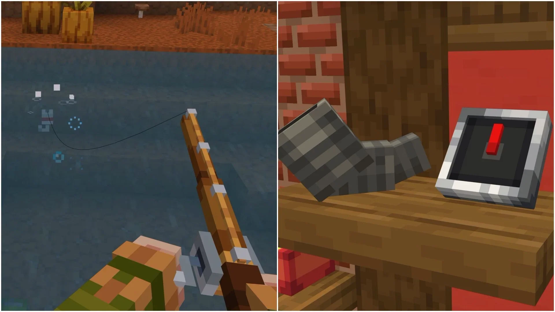 3D 钓鱼竿与可摆放在世界中的物品。图片来源:Mojang Studios / YouTube:@ActionsNStuff
