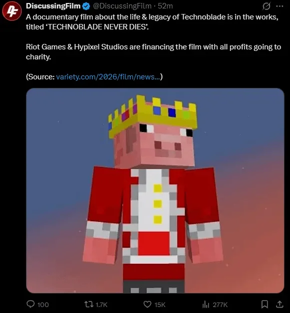 拳头游戏与 Hypixel 工作室将资助一部 Technoblade 纪录片，所有收益将捐给慈善机构 封面 1