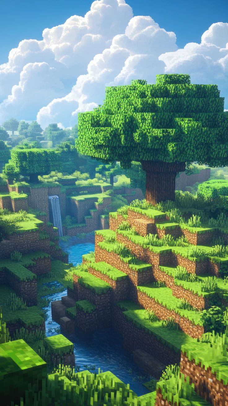 Pixelated Landscape With Waterfall Tree